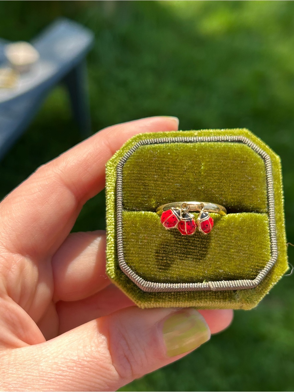 14k Gold Ring Dangler CUTIE Red Enamel Ladybugs